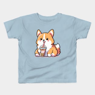 cute corgi dog enjoying boba Kids T-Shirt